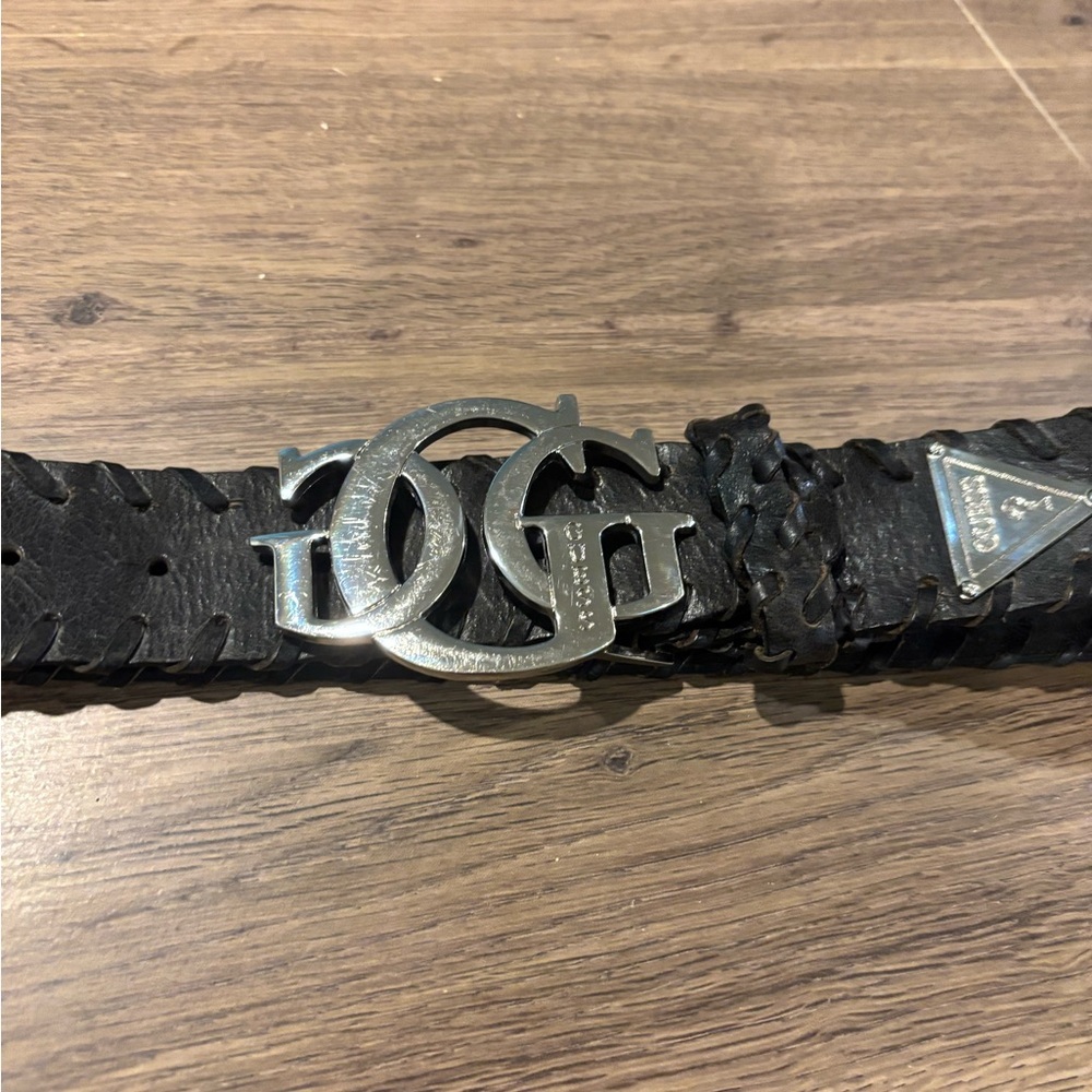 GUESS Vintage Leather Belt Black Silver Logo Buckle Y2K Grunge Streetwear Size L - Picture 8 of 12